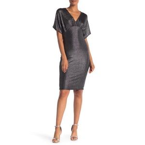 Vanity Room V-Neck Metallic Ribbed Knit Midi Dress